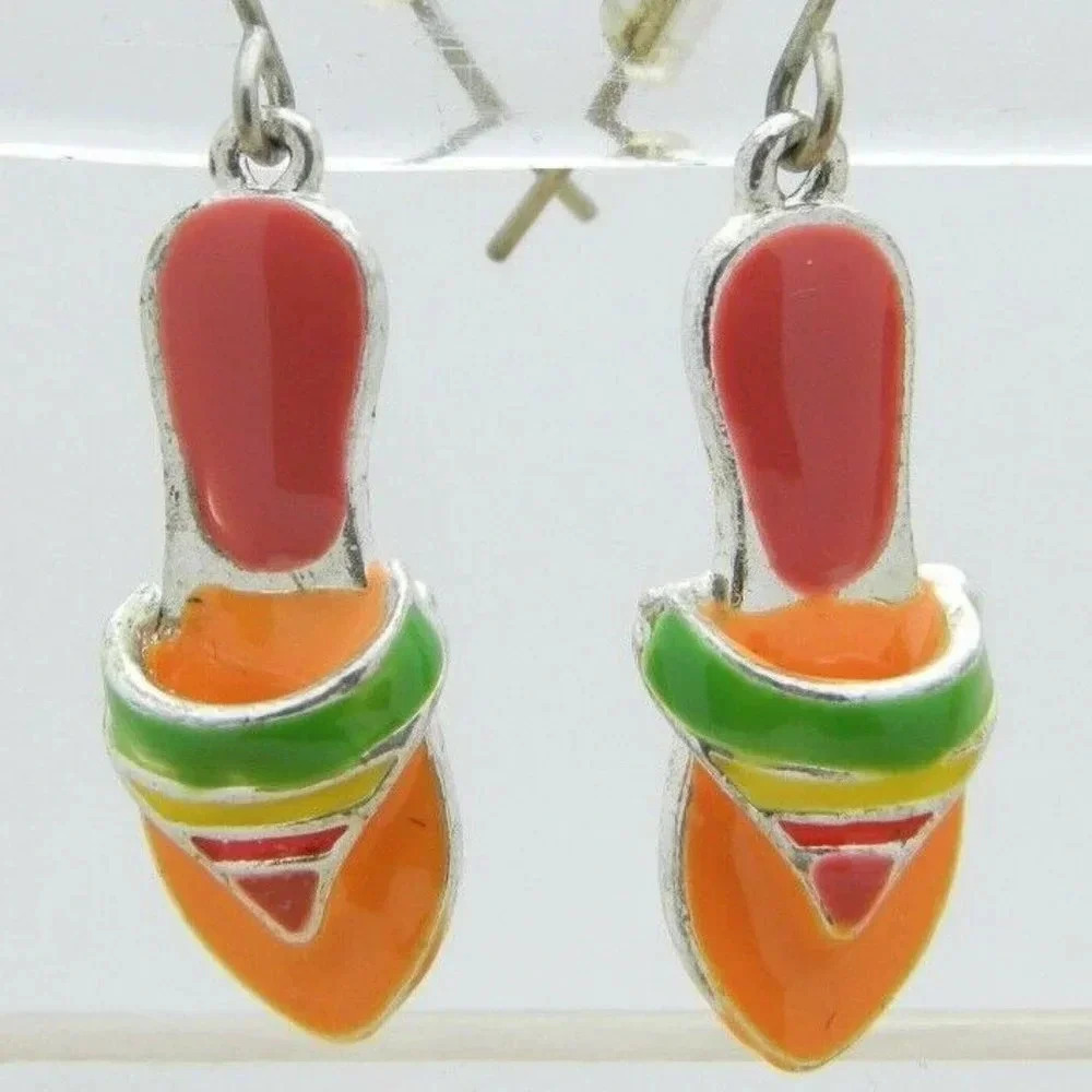 Enamel Multi-Color Silver Tone Sandal Earrings